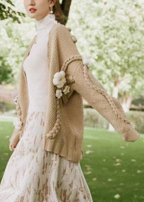 Floral Khaki V Neck  Cable Knit Cardigan Fall