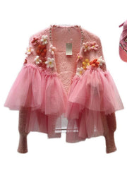 Floral Pink Nail Bead Tulle Patchwork Knit Cardigans Spring
