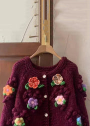 Floral Red O Neck Button Cozy Cotton Knit Coats Long Sleeve