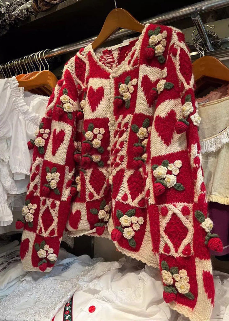 Floral Red O Neck Button Patchwork Knit Cardigan Long Sleeve