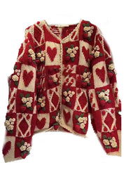 Floral Red O Neck Button Patchwork Knit Cardigan Long Sleeve