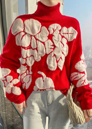 Floral White Turtleneck Patchwork Cotton Wool Knit Shirts Long Sleeve