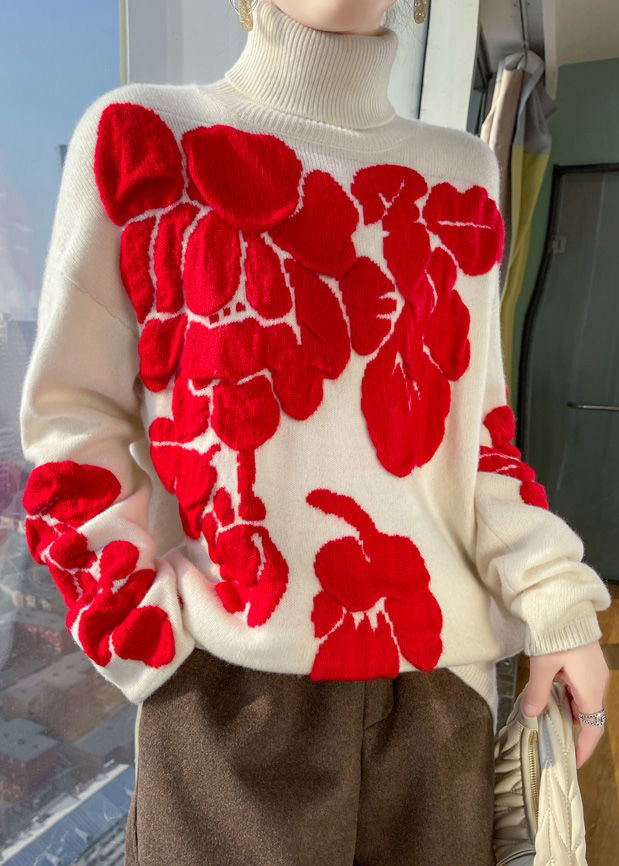 Floral White Turtleneck Patchwork Cotton Wool Knit Shirts Long Sleeve