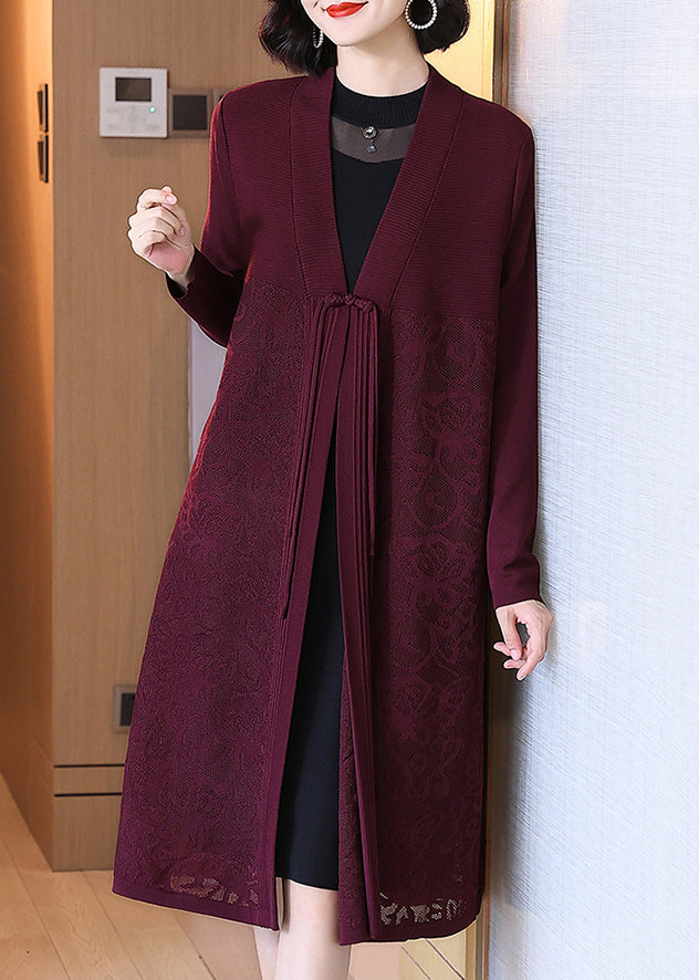 Floral Wine Red Button Hollow Out Cotton Knit Long Cardigan Spring