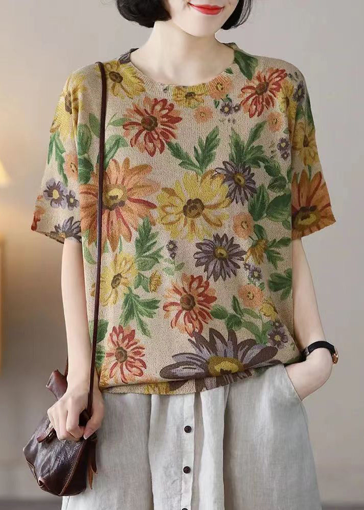 Floret Print Patchwork Cotton Knit T Shirts O-Neck  Summer