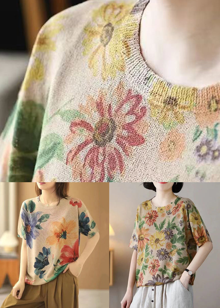 Floret Print Patchwork Cotton Knit T Shirts O-Neck  Summer