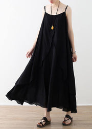 Flowy Spaghetti Strap asymmetric clothes fine Shape black Dress Summer - SooLinen
