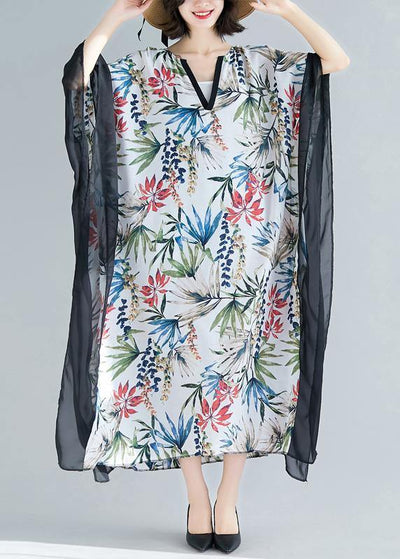 Flowy v neck patchwork chiffon outfit Plus Size Online Shopping white print Kaftan Dresses Summer - SooLinen