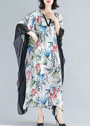 Flowy v neck patchwork chiffon outfit Plus Size Online Shopping white print Kaftan Dresses Summer - SooLinen