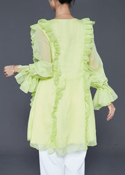 Fluorescent Green Chiffon Shirts Ruffled Lace Up Fall