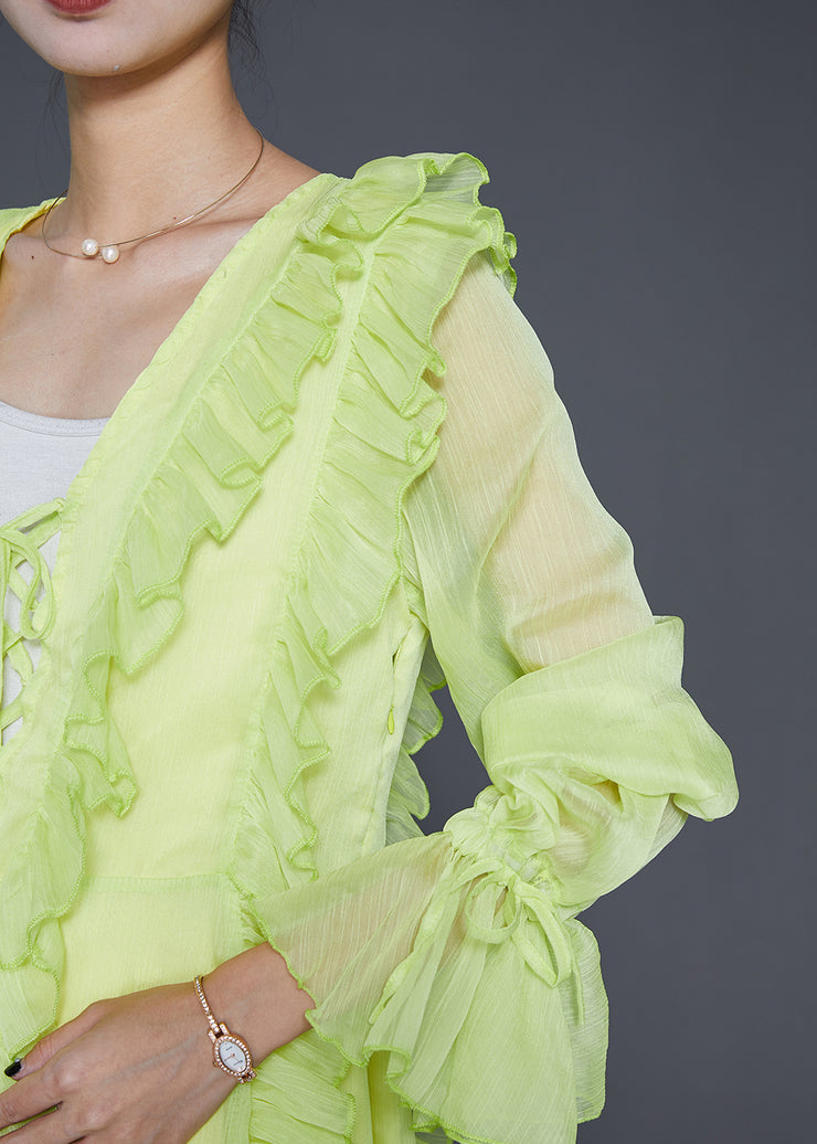 Fluorescent Green Chiffon Shirts Ruffled Lace Up Fall