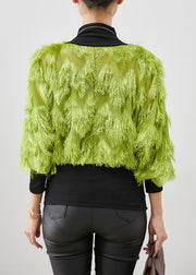 Fluorescent Green Patchwork Cotton Tops Tasseled Stand Collar Winter