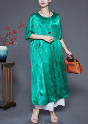 Fluorescent Green Silk Maxi Dresses O-Neck Pockets Summer