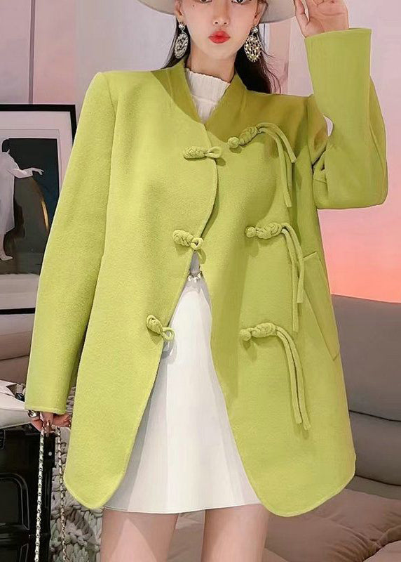 Fluorescent Green Woolen Coats Oversized Chinese Button Fall