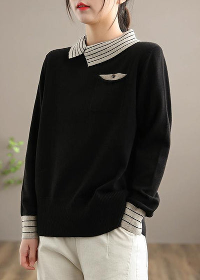 For Spring  Black Knit Tops Clothing Lapel Patchwork Sweater Tops - SooLinen