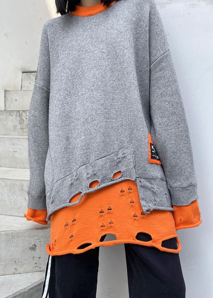 For Spring Gray Sweater Tops O Neck Hole Fashion Knitted Blouse - SooLinen