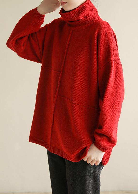For Spring Turtleneck red knitwear fashion patchwork knitted pullover - SooLinen