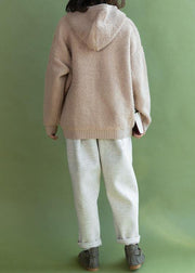 For Spring beige knit coats casual winter hooded knitted coat - SooLinen