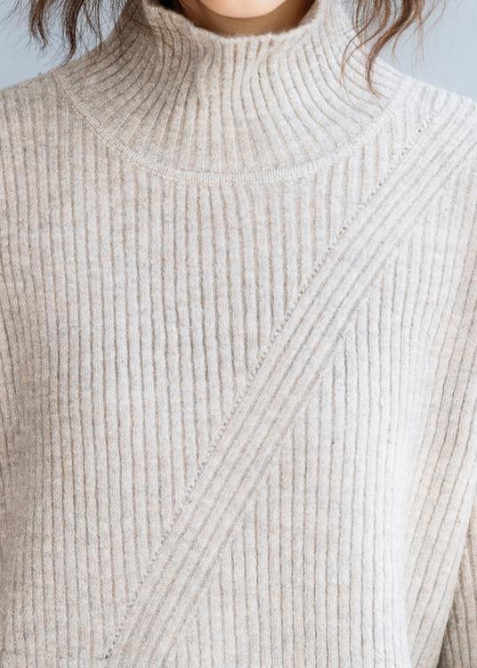 For Spring beige knitted top plus size high neck knit wear front open - SooLinen