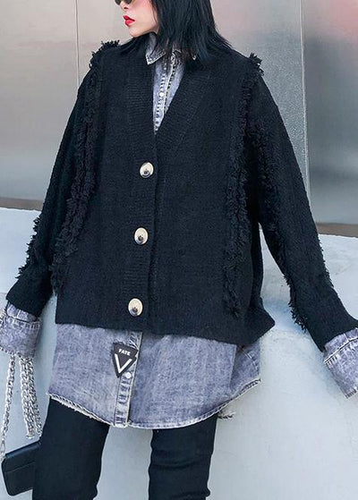 For Spring black knit cardigans oversize knitwear lapel patchwork tops - SooLinen