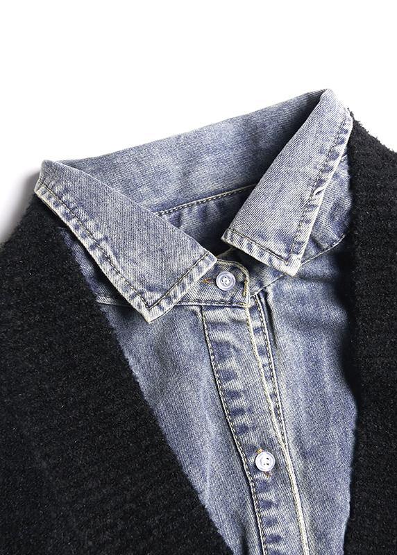 For Spring black knit cardigans oversize knitwear lapel patchwork tops - SooLinen
