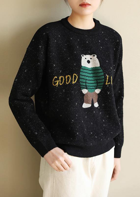 For Spring black knit tops o neck Loose fitting Cartoon print knitted blouse - SooLinen