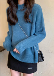 For Spring blue sweater tops high neck plus size knit sweat tops - SooLinen