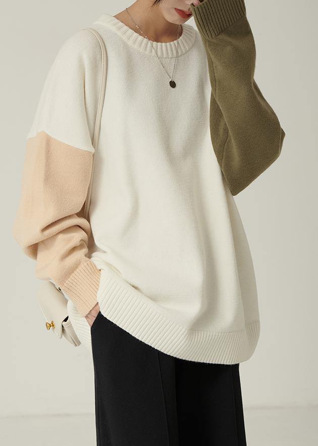 For Spring fall nude knitwear fall fashion o neck patchwork Blouse - SooLinen