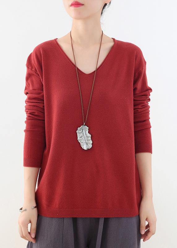 For Spring fall red knitted blouse fashion v neck knitted top - SooLinen
