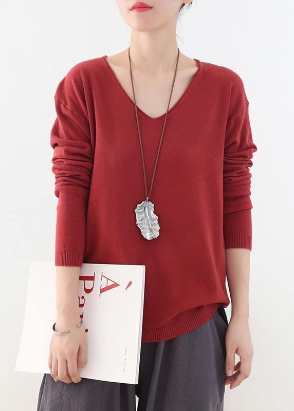 For Spring fall red knitted blouse fashion v neck knitted top - SooLinen