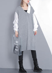 For Spring patchwork Puff Sleeve Sweater weather plus size gray Mujer knit dress - SooLinen