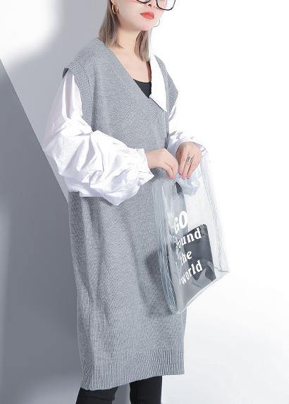 For Spring patchwork Puff Sleeve Sweater weather plus size gray Mujer knit dress - SooLinen