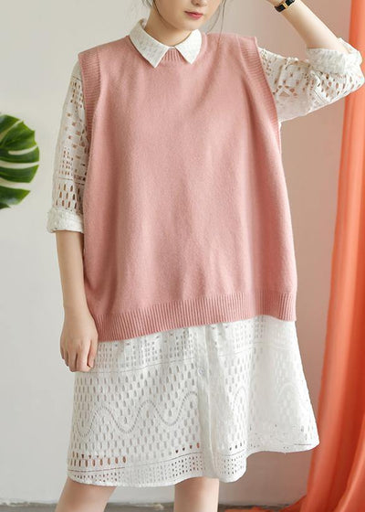 For Spring pink clothes plus size o neck knit tops low high design - SooLinen