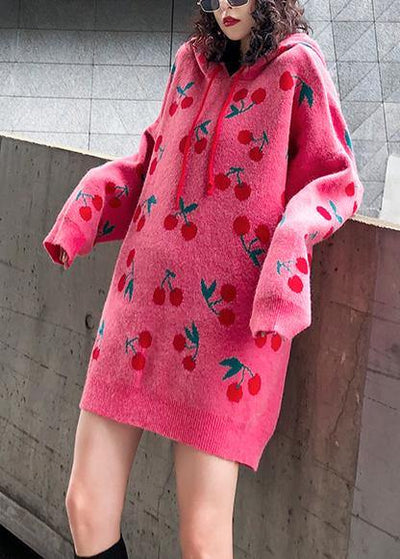 For Spring pink print Sweater weather fashion drawstring hooded knitted tops - SooLinen