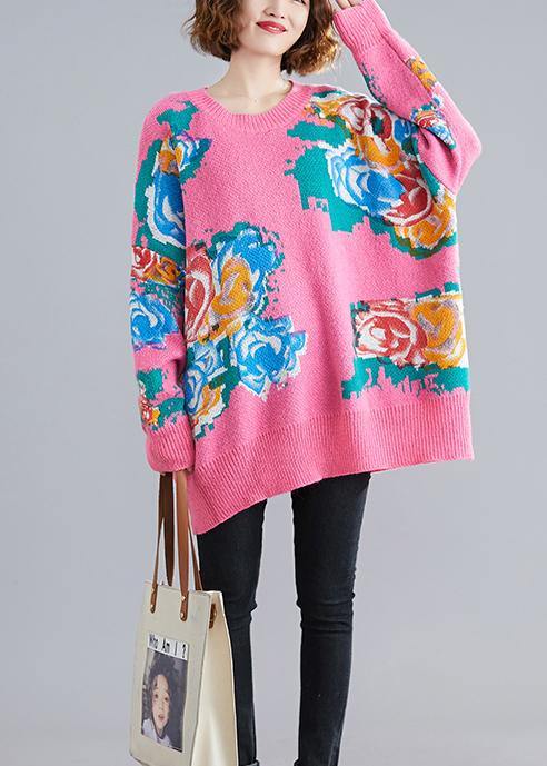 For Spring pink print sweaters plus size o neck knit top silhouette - SooLinen