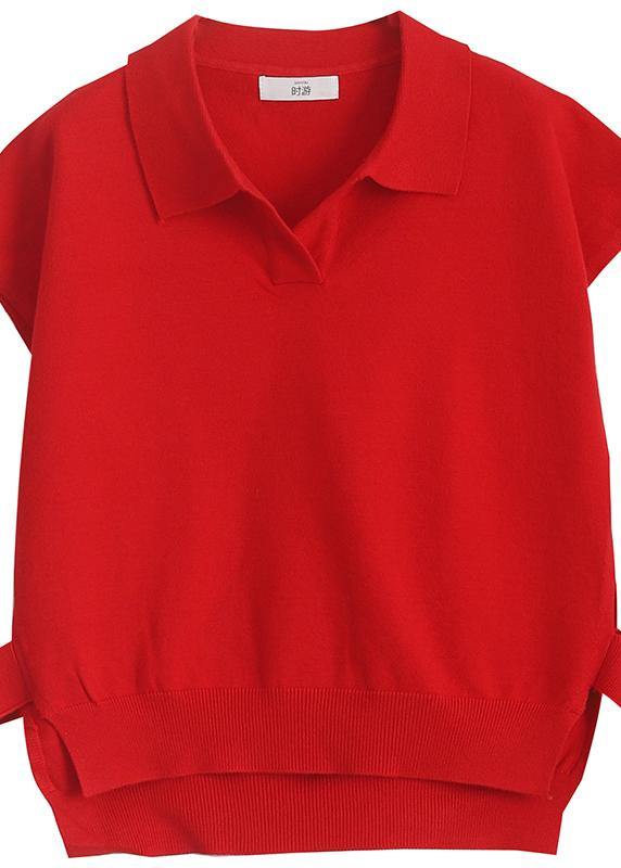 For Spring red sweaters trendy plus size lapel sleeveless knit tops - SooLinen