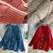 For Spring v neck knit outwear Loose fitting blue two pockets knit coats - SooLinen