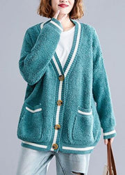 For Spring warm sweaters casual green v neck fall knitted cardigans - SooLinen