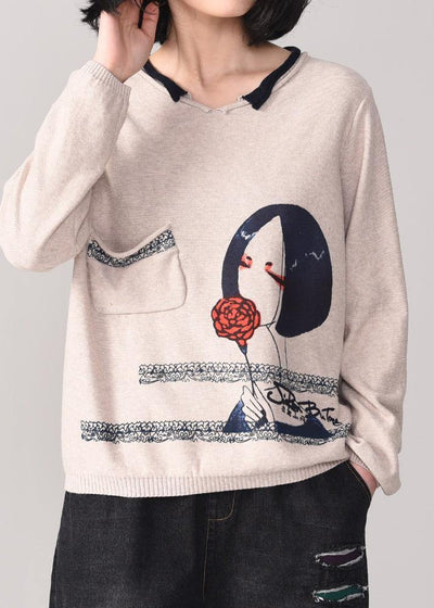 For Work Cartoon print knitted pullover casual beige knitted sweater fall wild - SooLinen