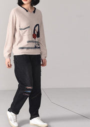 For Work Cartoon print knitted pullover casual beige knitted sweater fall wild - SooLinen