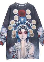 For Work Peking Opera Face Clothes O Neck Trendy Plus Size Knit Sweat Tops - SooLinen
