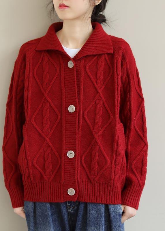 Red Knitted Top Stand Collar Pockets Oversized Spring Knitwear - SooLinen