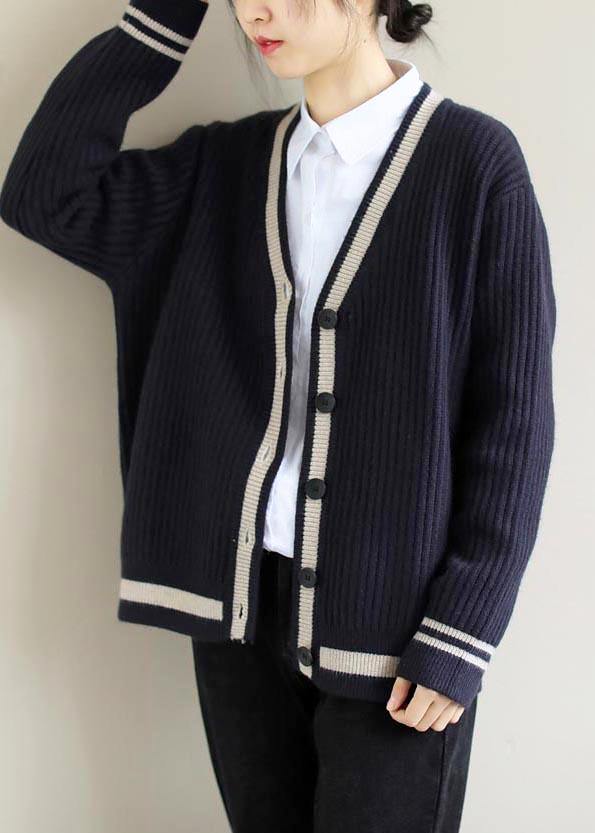 For Work Spring Navy Knit Tops V Neck Button Down Top - SooLinen