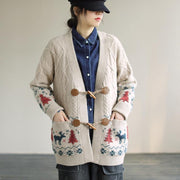 For Work Spring knit sweat tops trendy plus size Beige Deer Print knitted cardigans - SooLinen