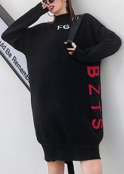 For Work alphabet Sweater high neck dress outfit plus size black Funny knit dress - SooLinen