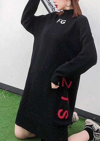 For Work alphabet Sweater high neck dress outfit plus size black Funny knit dress - SooLinen