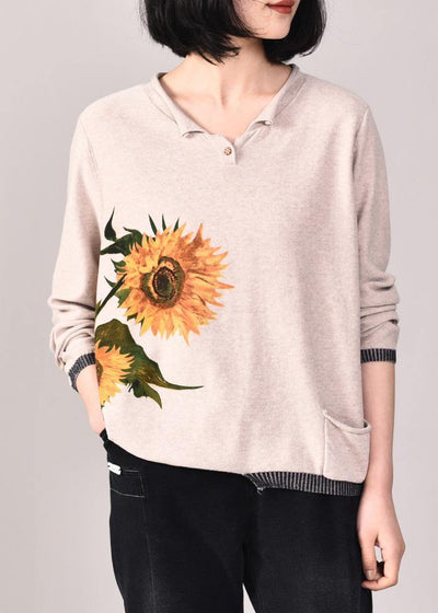 For Work beige knitted tops plus size loose  knitwear prints - SooLinen