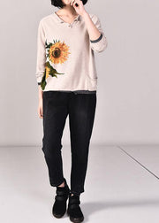 For Work beige knitted tops plus size loose  knitwear prints - SooLinen