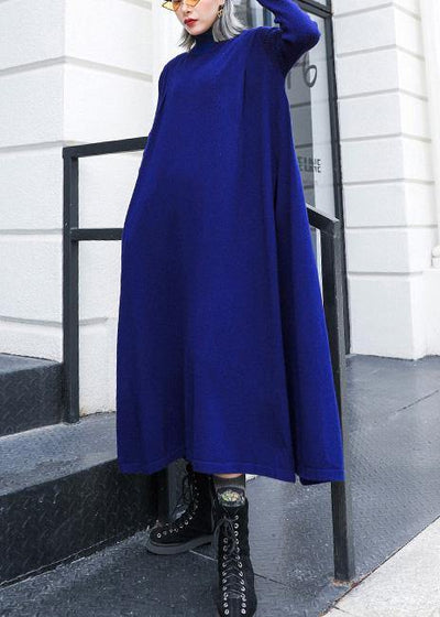 For Work blue Sweater dress Design high neck large hem Art fall knit dress - SooLinen