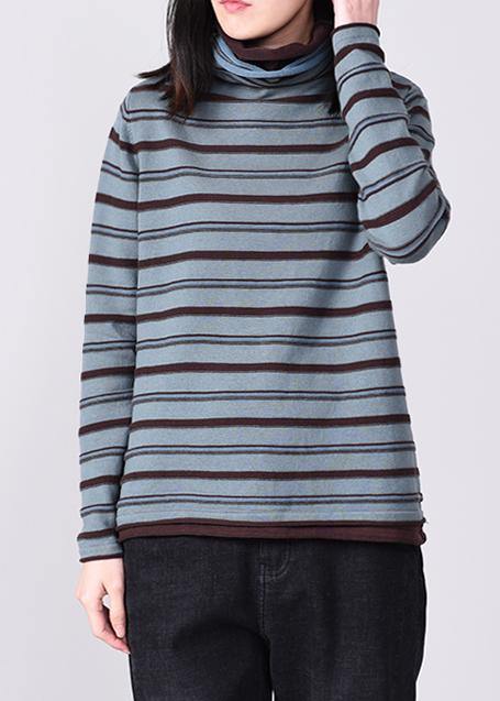 For Work blue knitted blouse plus size striped sweaters high neck - SooLinen